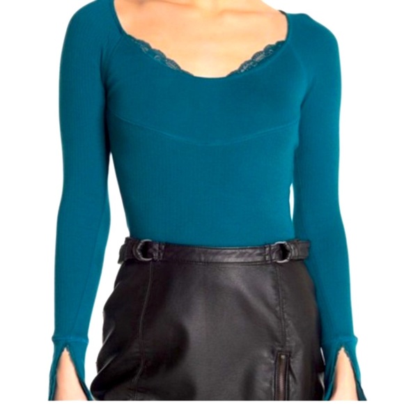 Free People Teal Lace Ribbed Crop Longsleeve New - Picture 2 of 5